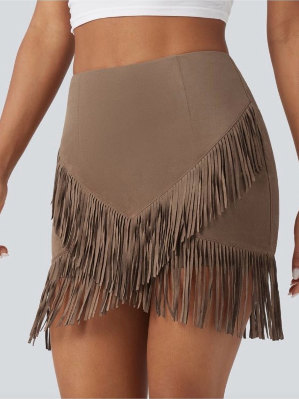 NEW Halara High Waist Brown Fringe Hem Mini Faux Suede Country Skirt Size Large